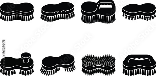 Collection of black silhouette cleaning brushes with various handle shapes and bristle styles on a white background