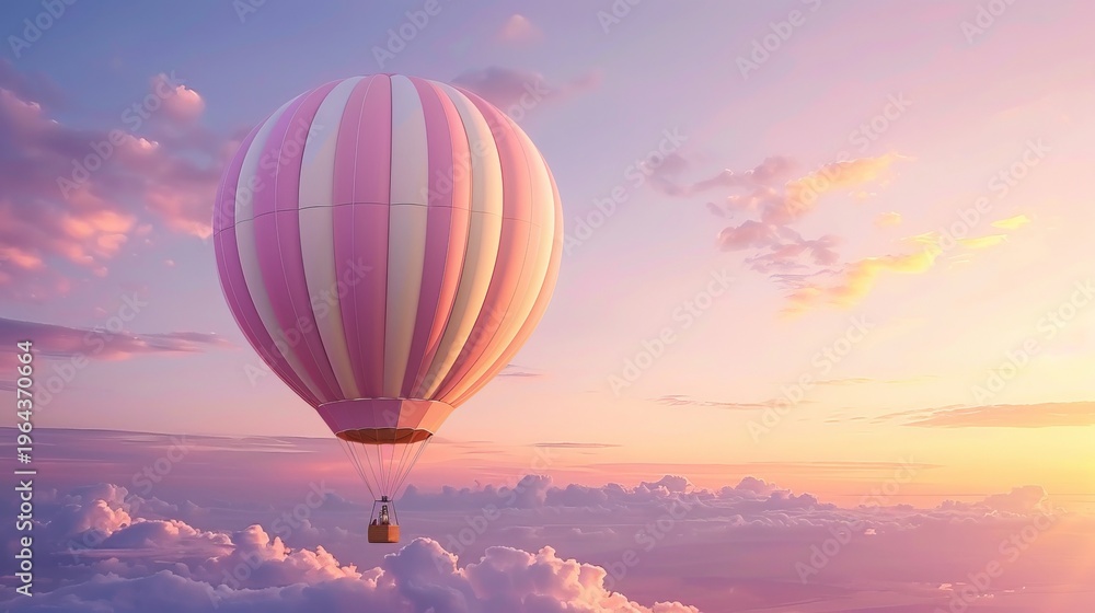 Obraz premium A stunning pink and white striped hot air balloon drifting in a soft purple daylight sky