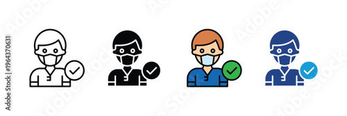 Person wearing medical face mask with check mark for safety protection, hygiene protocol and virus prevention icon set. Healthcare compliance and surgical mask symbol. Vector Illustration.