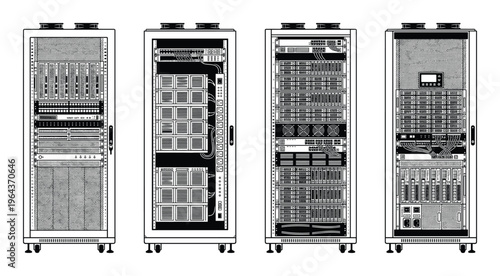 Server rack cabinets vector illustration with equipment inside, IT data center telecommunications server and networking