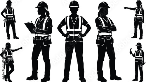 Professional Female Construction Worker Silhouette Collection Featuring Engineers Architects and Site Supervisors in Safety Gear with Tool Belts and Clipboards