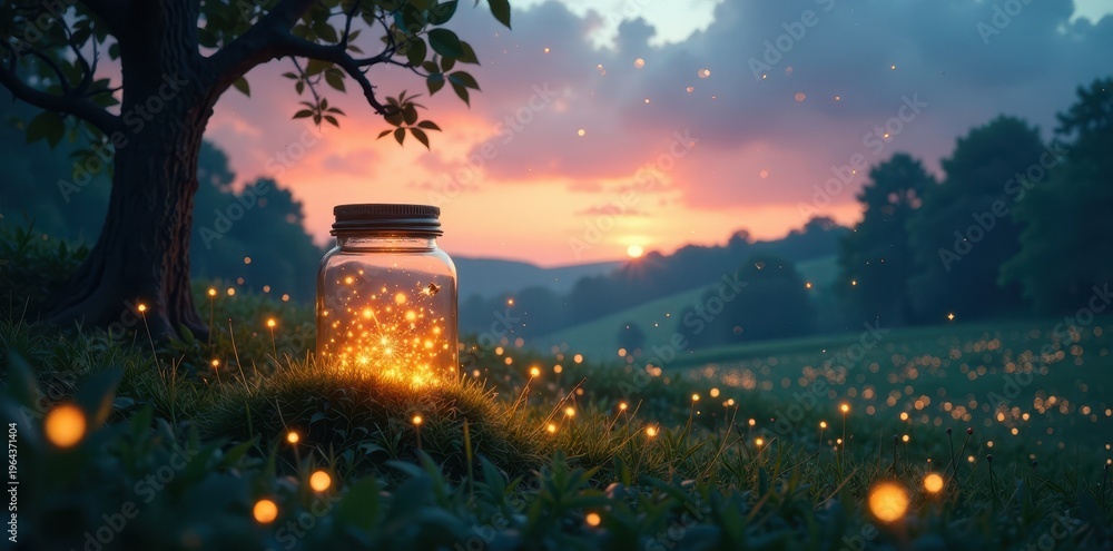 Obraz premium Enchanted meadow at dusk with fireflies in a magical jar, magic,
