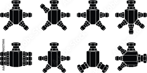 Collection of Black Silhouettes of Plumbing Fittings and Connectors pipe valve