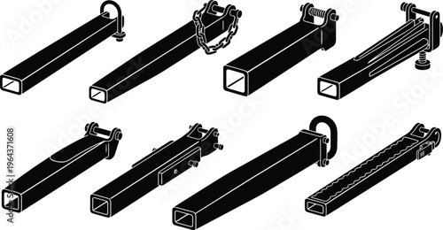 Collection of Black Silhouettes of Square Metal Tubes with Diverse Lifting and Connecting Attachments