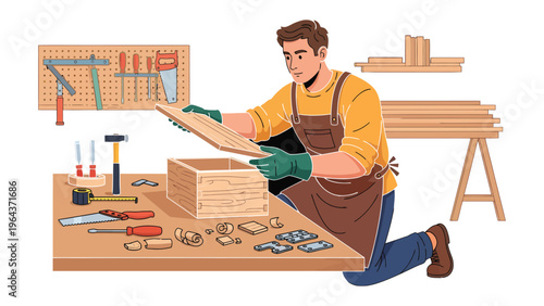 Crafting Confidence: A skilled craftsman meticulously works in his workshop, assembling wooden pieces to create a unique project with dedication. 