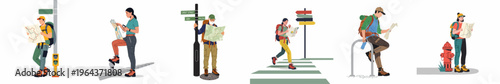 Set of diverse travelers and hikers with backpacks navigating with paper maps in various urban and outdoor settings, representing tourism and adventure.
