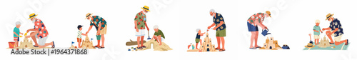 Collection of illustrations featuring a grandfather and his grandson building sandcastles and playing together on the beach.