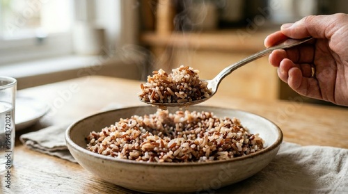 Hand holding spoon with steaming mixed rice in cozy kitchen setting