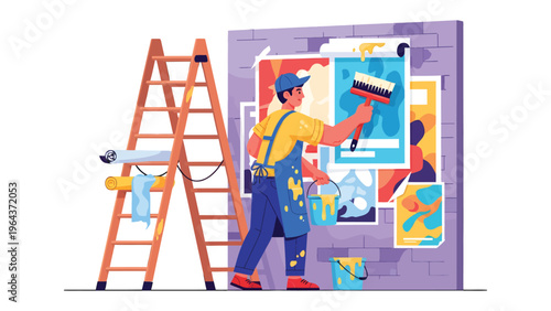 Artisan's Artistic Endeavor: An artisan meticulously applies paint to a surface, showcasing dedication and artistic prowess, adding aesthetic elements to create an captivating environment.