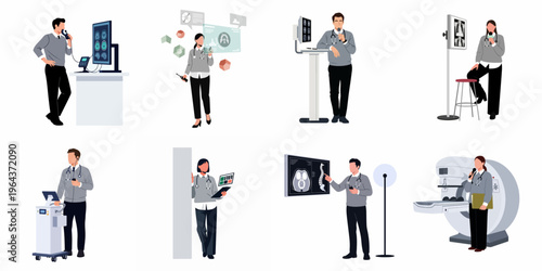 Collection of flat vector illustrations of doctors and radiologists using advanced medical imaging technology and diagnostic equipment for patient healthcare.