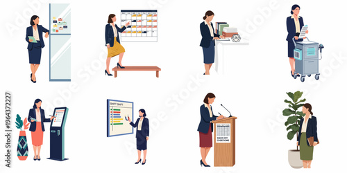 Professional woman in diverse office and workplace scenarios flat illustration set, including scheduling, presenting, managing documents, and using technology.