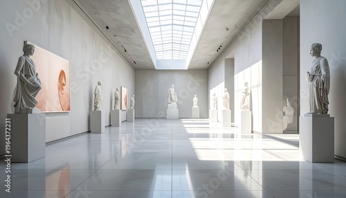 A long, modern museum gallery with classical sculptures and a painting, illuminated by natural light from a large ceiling skylight, featuring a reflective floor.