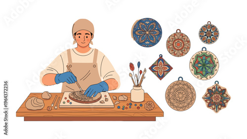 Artisan at Work: An artisan meticulously crafts intricate ornaments, showcasing skilled handiwork and the artistry of creation. 