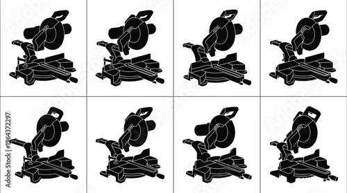 Collection of eight black silhouette icons of a miter saw in various angles and settings chop saw power tool