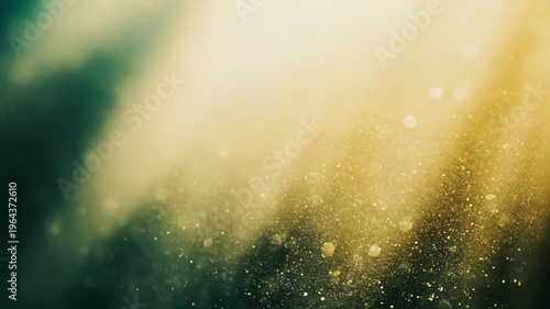 Golden glitter and bokeh particles drift in an ethereal stream, creating a shimmering, festive glow and soft, dreamy texture perfect for elegant holiday or celebration designs
