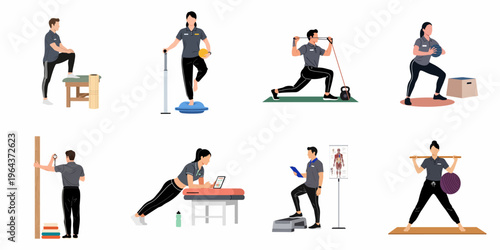 Collection of flat vector illustrations depicting various physical therapy exercises, rehabilitation techniques, and fitness assessments performed by professional instructors.