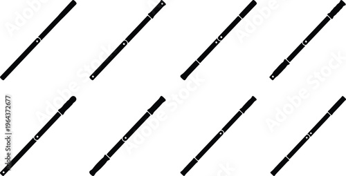 Collection of eight black silhouette illustrations of cylindrical rods with circular elements and end caps