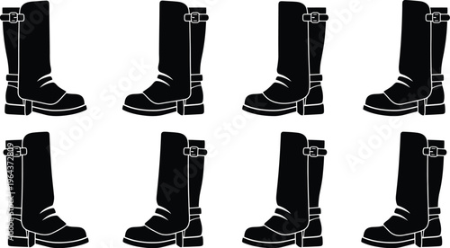 Collection of eight black silhouette motorcycle boots with buckles and straps on a white background biker boot