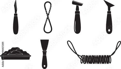 Black Solid Art Sculpting Tools Silhouettes Set of Six on White Background
