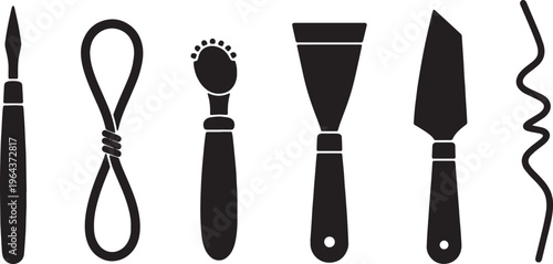 Black Solid Art Sculpting Tools Silhouettes Set of Six on White Background