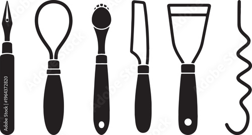 Black Solid Art Sculpting Tools Silhouettes Set of Six on White Background