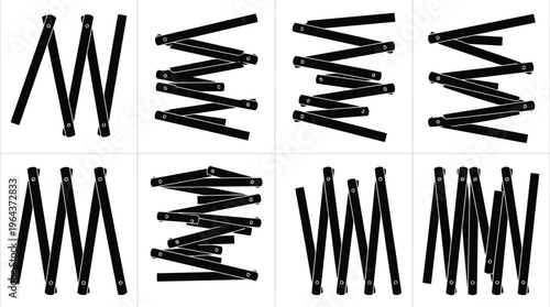 Collection of eight black silhouette illustrations of folding accordion gates in various states of extension on a white background
