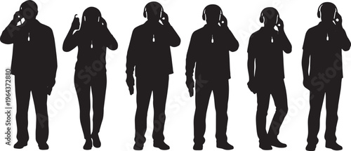 Black Solid Audio Guide Silhouettes Set of Six on White Background