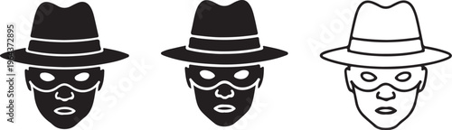 Minimalist Spy and Secret Agent Icon Set with Fedora Hat and Mask in Outline and Solid Styles, Flat Vector Illustration Isolated on White Background