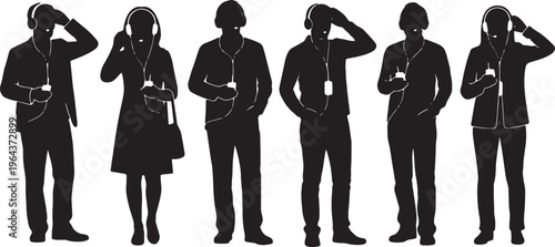 Black Solid Audio Guide Silhouettes Set of Six on White Background