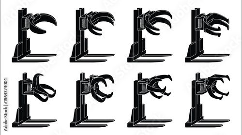 Collection of Forklift Claws and Grippers in Various Open and Closed Positions forklift attachment clamp