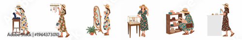Flat illustration set of a young woman in floral dresses shopping for jewelry and accessories in a boutique store.