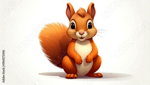 A cute, cartoon-style squirrel with bright orange fur and a fluffy tail is set against a simple white background. Its face is friendly, eyes wide