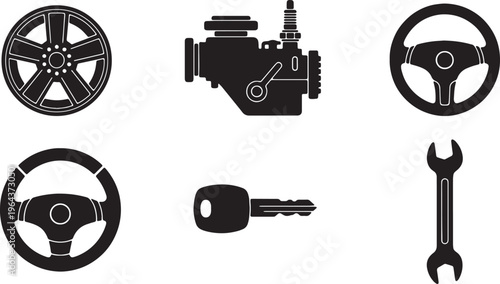 Black Solid Automotive Parts Silhouettes Set of Six on White Background