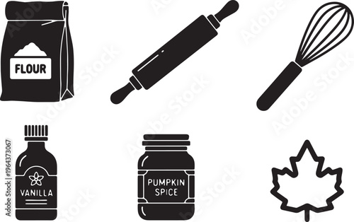 Black Solid Autumn Baking Ingredient and Supply Silhouette Icons