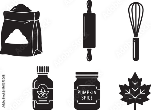 Black Solid Autumn Baking Ingredient and Supply Silhouette Icons