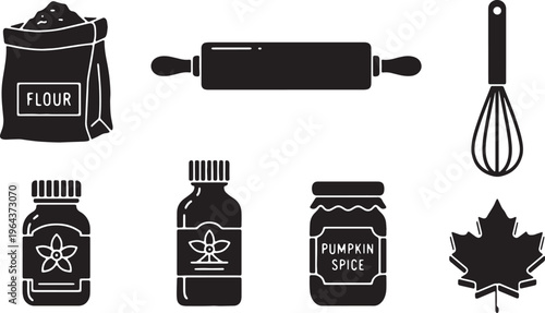 Black Solid Autumn Baking Ingredient and Supply Silhouette Icons