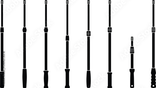 Collection of nine black silhouette icons of telescopic batons in various extended and retracted states