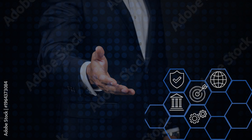 Businessman Presenting Global Compliance and Security Framework: Corporate Governance, Legal Protection and Strategic Management on Digital Interface