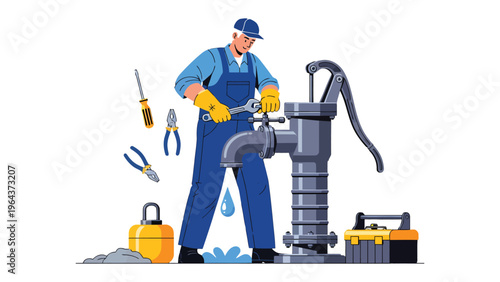 Handyman Repairing the Pump: A skilled handyman, equipped with the necessary tools, meticulously repairs a traditional water pump, a testament to craftsmanship and functionality.