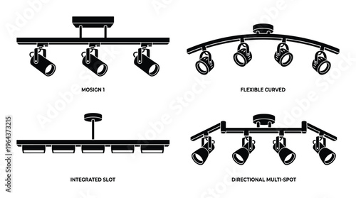 Track lighting fixtures vector illustration, various styles, including curved, multi-spot, integrated slot design.