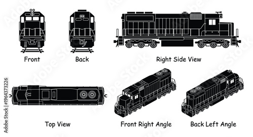 Train locomotive different views front, back, right, top, front right angle, and back left angle in black and white