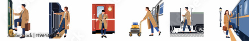 Set of flat vector illustrations showing stylish men and women in trench coats traveling by vintage train, boarding, and waiting at the station.