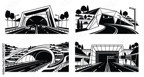 Tunnel highway vector illustration set. Road transportation with cars. Urban infrastructure landscape, tunnels with roads.