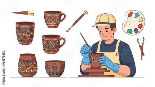 Artisan's Artistic Pottery: An artist, engaged in the meticulous process of crafting unique pottery pieces, surrounded by his tools and creations.