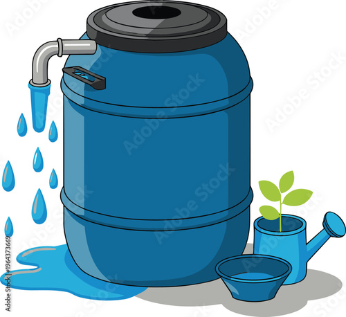 Blue rain barrel water collection flat vector illustration for eco gardening and sustainability design