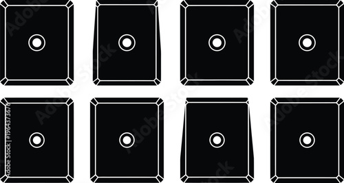 Eight black and white silhouette icons of dice with a single pips on each face game gambling