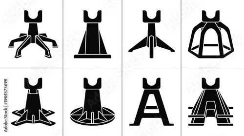 Eight black and white silhouette icons of various car jack designs and types lifting support