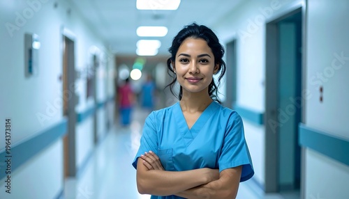 A smiling female nurse in blue scrubs stands confidently with crossed arms in a bright hospital hallway, with blurred figures in the background.
