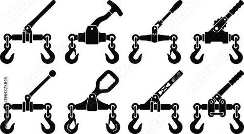 Eight Black and White Silhouettes of Lifting Clamps and Hoists vector