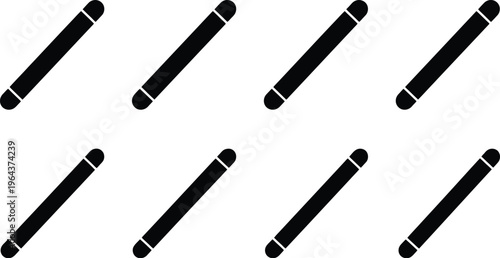 Eight Black Cylindrical Objects with Rounded Ends on White Background cylinder shape
